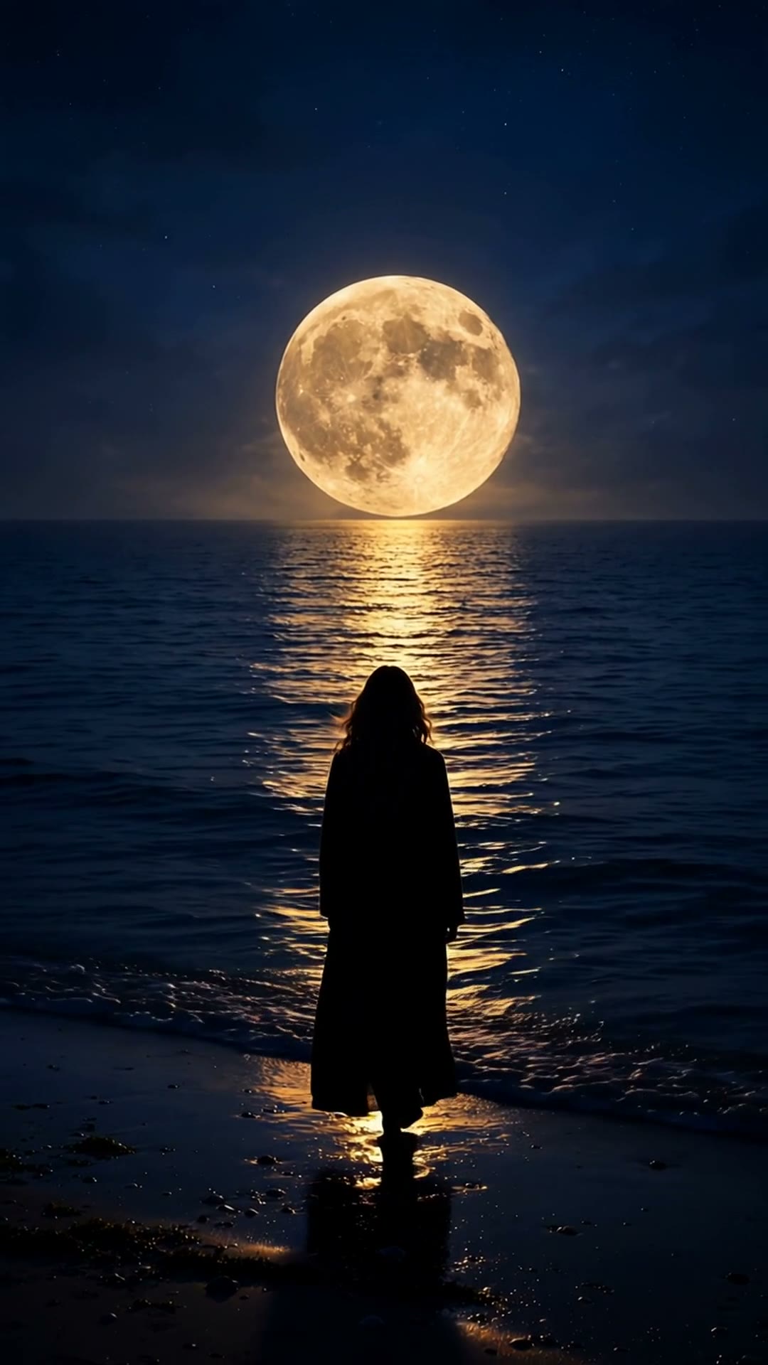 Silueta de Luna Vega frente a la luna sobre el mar